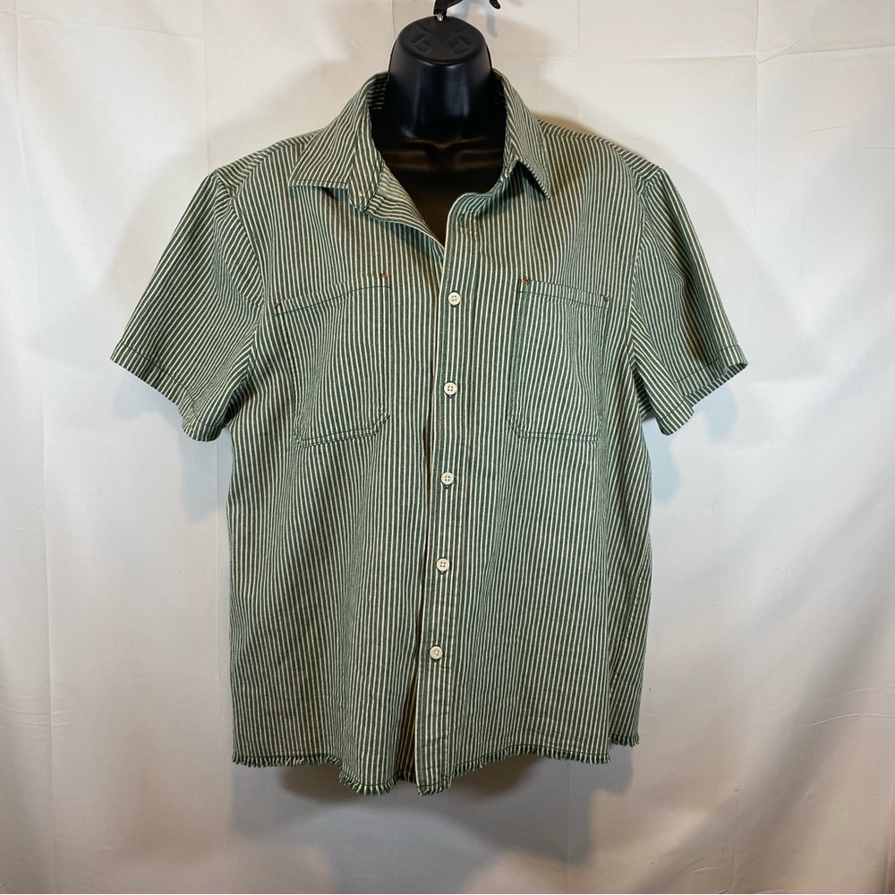 Brixton Olive Striped Casual Button Down Shirt With Raw Hem